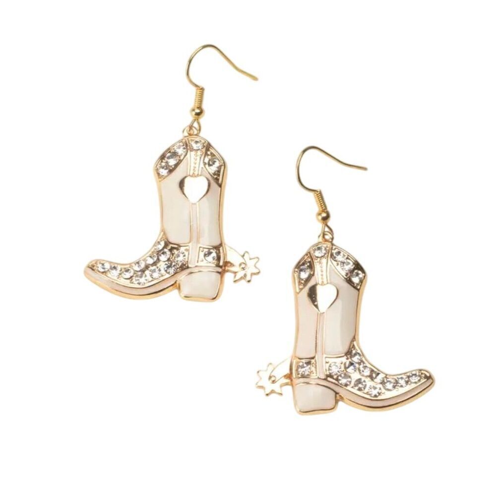 14k Gold Plated Western GOLD Boot Earrings Cowgirl Dangle Rhinestones Rodeo - Picture 2 of 5